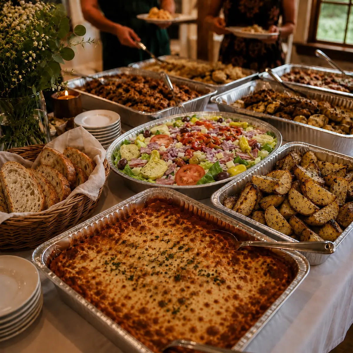 Italian catering buffet spread with lasagna, salad, and garlic bread