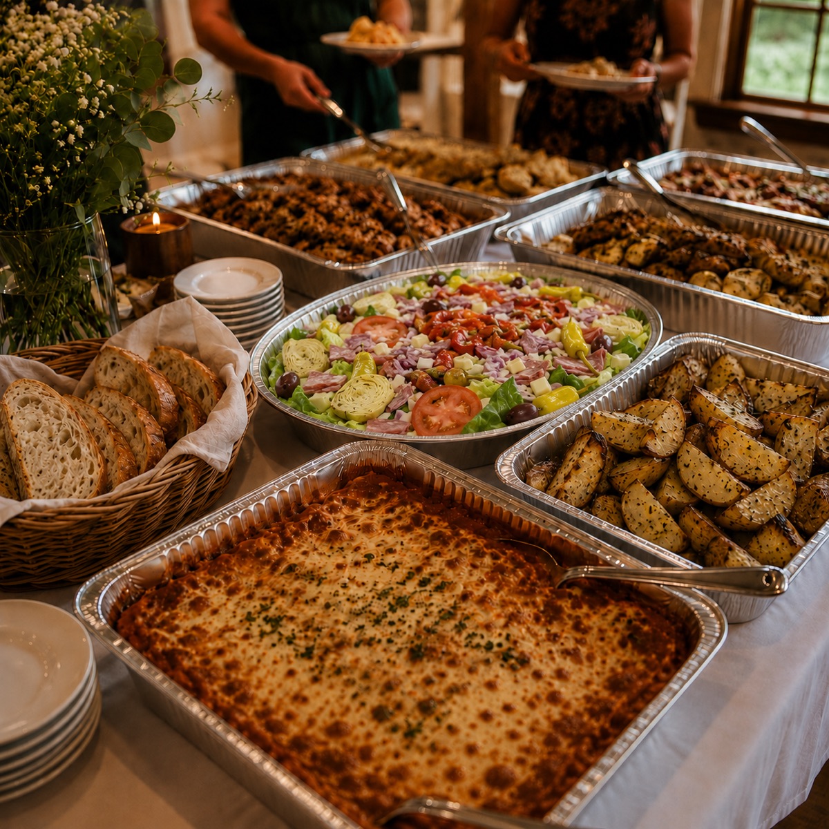 Italian catering buffet spread with lasagna, salad, and garlic bread