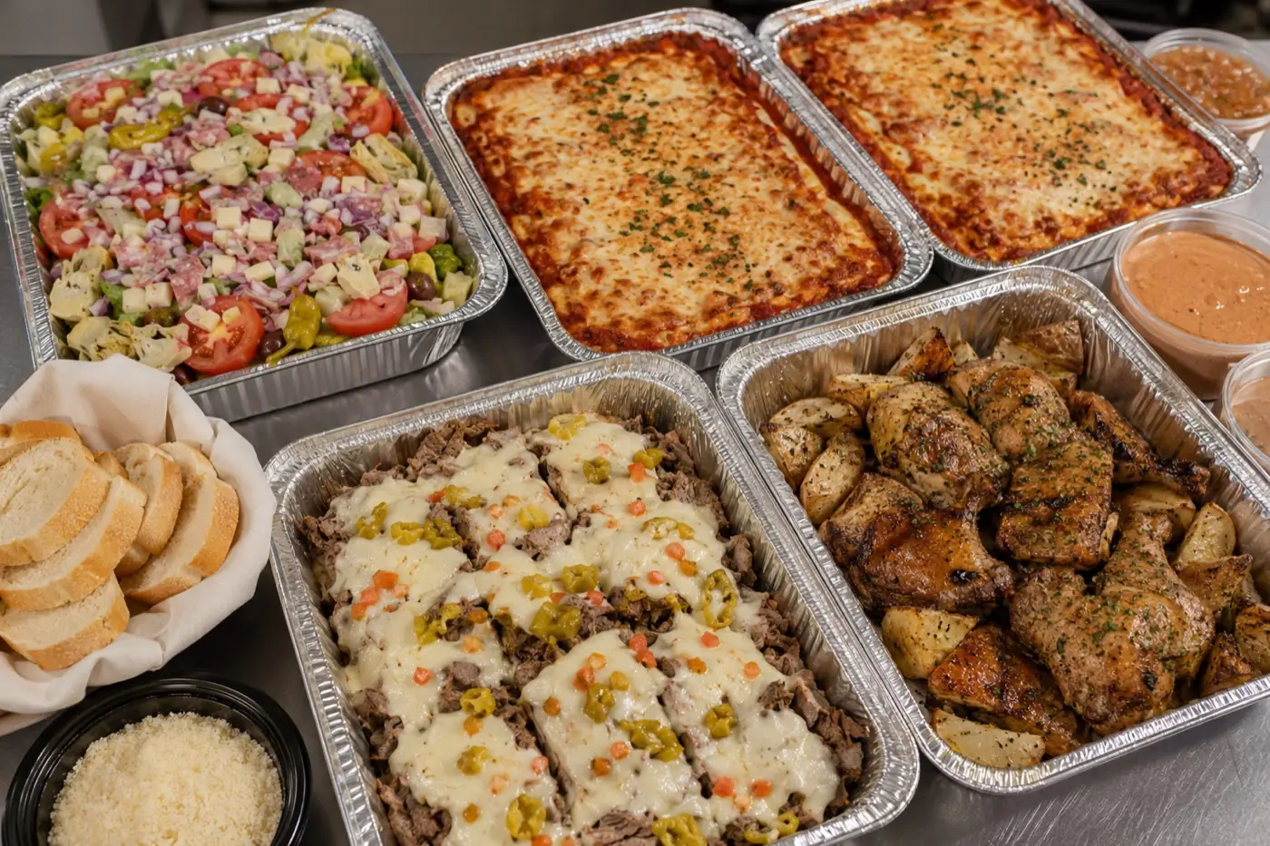 Catering spread with Italian beef, chicken, lasagna, salad, and bread